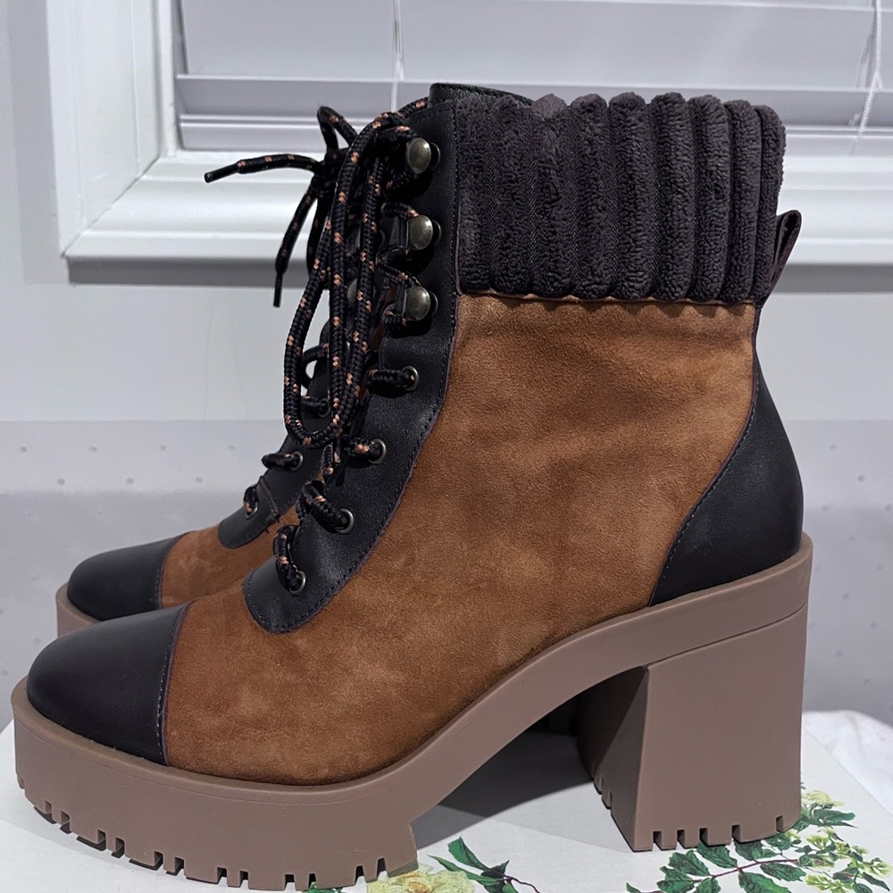 Chelsea & Violet Brown and Black Heeled Boots with Chunky Sole